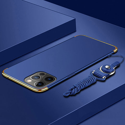 Funda Bumper Lujo Marco de Metal y Plastico Carcasa con Lanyard para Apple iPhone 13 Pro Max Azul