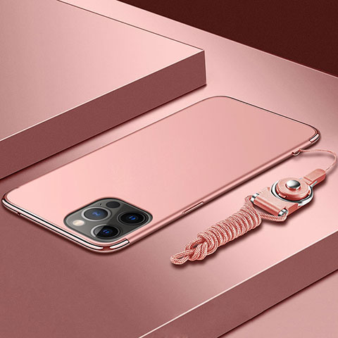 Funda Bumper Lujo Marco de Metal y Plastico Carcasa con Lanyard para Apple iPhone 13 Pro Oro Rosa