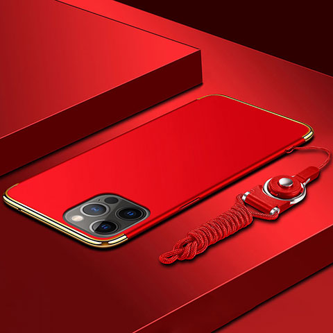 Funda Bumper Lujo Marco de Metal y Plastico Carcasa con Lanyard para Apple iPhone 13 Pro Rojo