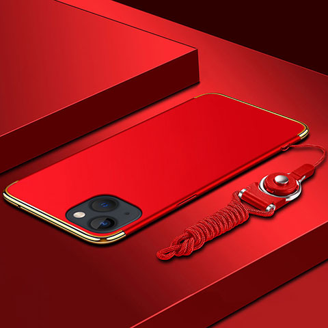 Funda Bumper Lujo Marco de Metal y Plastico Carcasa con Lanyard para Apple iPhone 14 Rojo