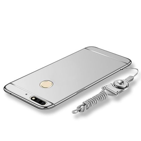 Funda Bumper Lujo Marco de Metal y Plastico Carcasa con Lanyard para Huawei Enjoy 8 Plata