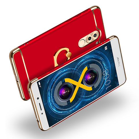 Funda Bumper Lujo Marco de Metal y Plastico con Anillo de dedo Soporte A02 para Huawei GR5 (2017) Rojo