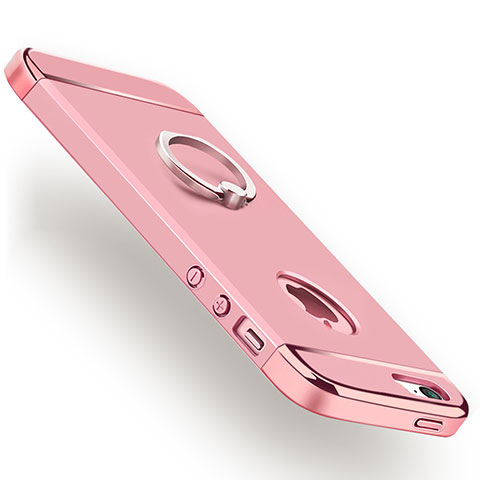 Funda Bumper Lujo Marco de Metal y Plastico con Anillo de dedo Soporte para Apple iPhone 5 Oro Rosa