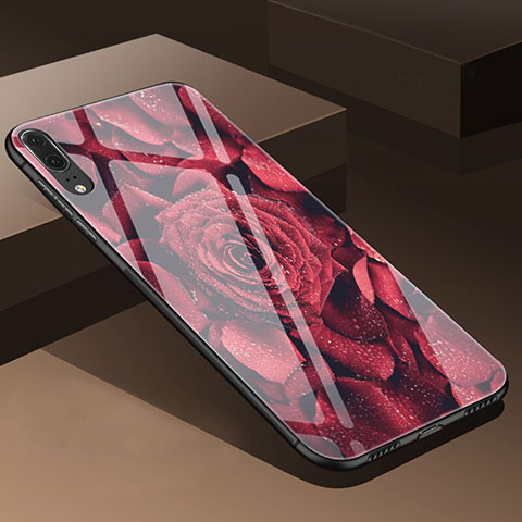 Funda Bumper Silicona Gel Espejo Flores Carcasa P01 para Huawei P20 Rojo