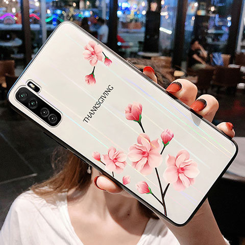 Funda Bumper Silicona Gel Espejo Flores Carcasa para Huawei P40 Lite 5G Rosa