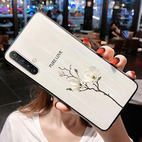 Funda Bumper Silicona Gel Espejo Flores Carcasa para Realme X50m 5G Blanco