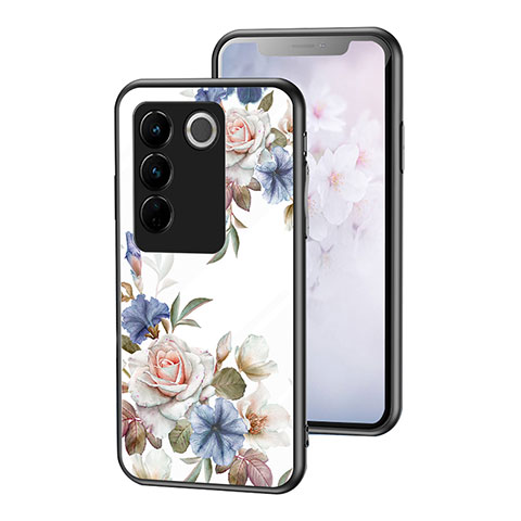 Funda Bumper Silicona Gel Espejo Flores Carcasa para Vivo V27 5G Blanco