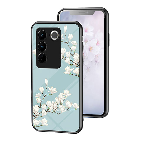 Funda Bumper Silicona Gel Espejo Flores Carcasa para Vivo V27 5G Cian