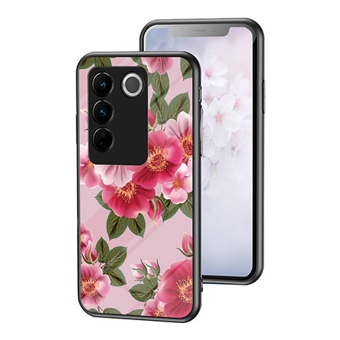 Funda Bumper Silicona Gel Espejo Flores Carcasa para Vivo V27 5G Rojo