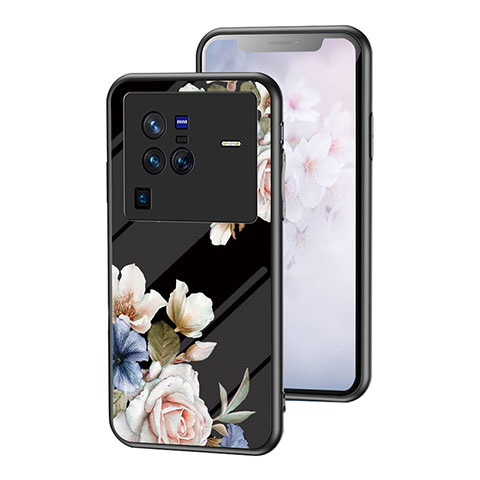 Funda Bumper Silicona Gel Espejo Flores Carcasa para Vivo X80 Pro 5G Negro