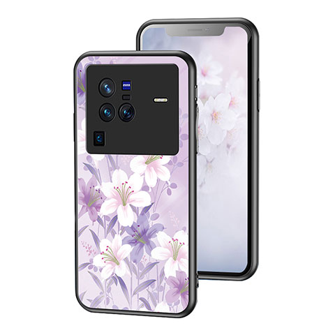 Funda Bumper Silicona Gel Espejo Flores Carcasa para Vivo X80 Pro 5G Purpura Claro