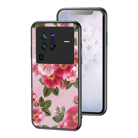 Funda Bumper Silicona Gel Espejo Flores Carcasa para Vivo X80 Pro 5G Rojo