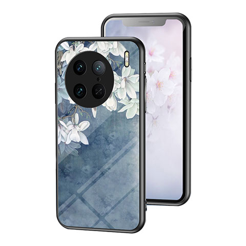 Funda Bumper Silicona Gel Espejo Flores Carcasa para Vivo X90 Pro 5G Azul