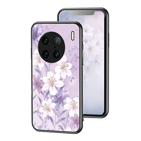 Funda Bumper Silicona Gel Espejo Flores Carcasa para Vivo X90 Pro+ Plus 5G Purpura Claro