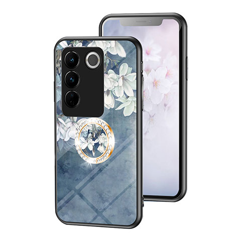 Funda Bumper Silicona Gel Espejo Flores Carcasa S01 para Vivo V27 5G Azul