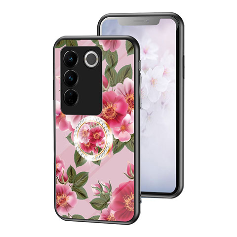 Funda Bumper Silicona Gel Espejo Flores Carcasa S01 para Vivo V27 5G Rojo