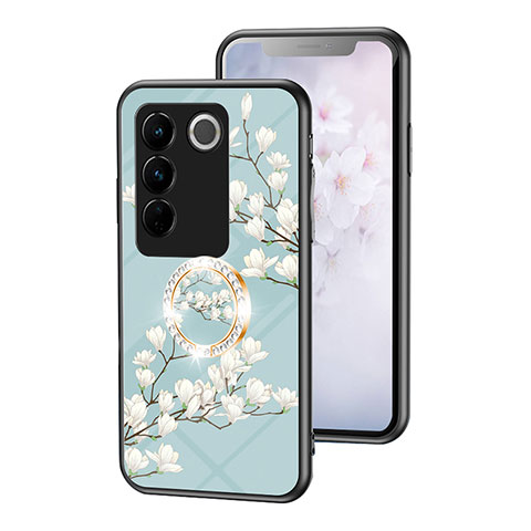 Funda Bumper Silicona Gel Espejo Flores Carcasa S01 para Vivo V27 Pro 5G Cian