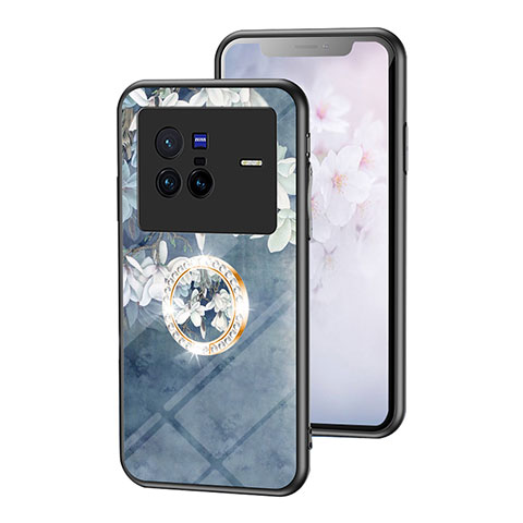 Funda Bumper Silicona Gel Espejo Flores Carcasa S01 para Vivo X80 5G Azul