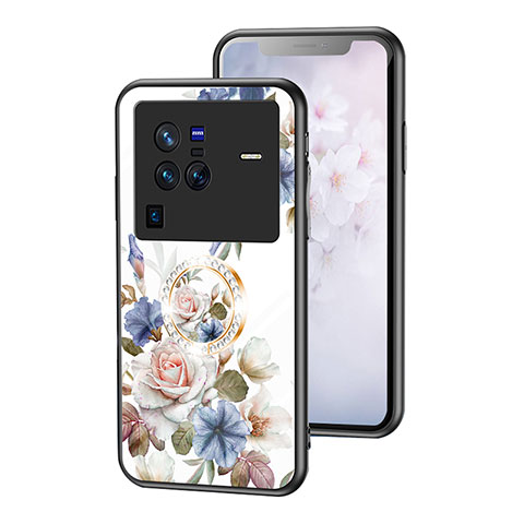 Funda Bumper Silicona Gel Espejo Flores Carcasa S01 para Vivo X80 Pro 5G Blanco