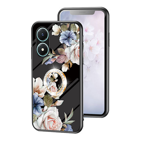 Funda Bumper Silicona Gel Espejo Flores Carcasa S01 para Vivo Y02S Negro