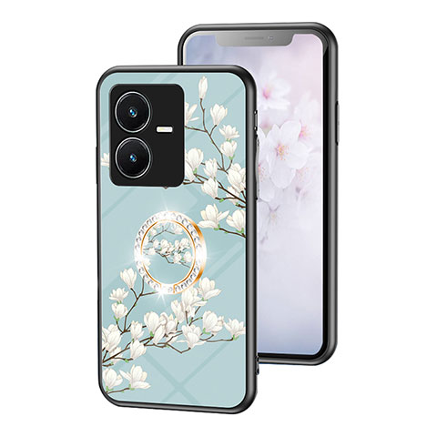 Funda Bumper Silicona Gel Espejo Flores Carcasa S01 para Vivo Y22s Cian