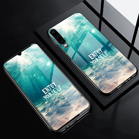 Funda Bumper Silicona Gel Espejo Patron de Moda Carcasa F01 para Huawei P30 Cian