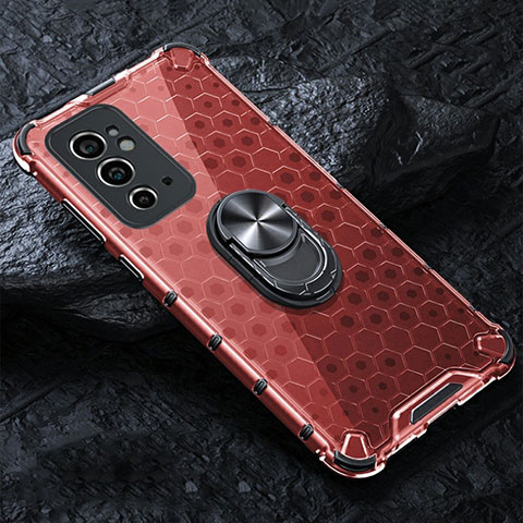 Funda Bumper Silicona Transparente Espejo 360 Grados con Magnetico Anillo de dedo Soporte AM1 para OnePlus 9RT 5G Rojo