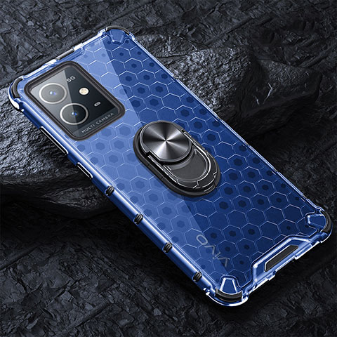 Funda Bumper Silicona Transparente Espejo 360 Grados con Magnetico Anillo de dedo Soporte AM1 para Vivo iQOO Z6 5G Azul