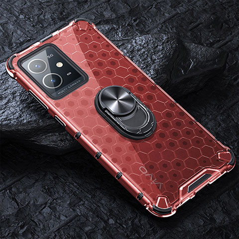 Funda Bumper Silicona Transparente Espejo 360 Grados con Magnetico Anillo de dedo Soporte AM1 para Vivo iQOO Z6 5G Rojo