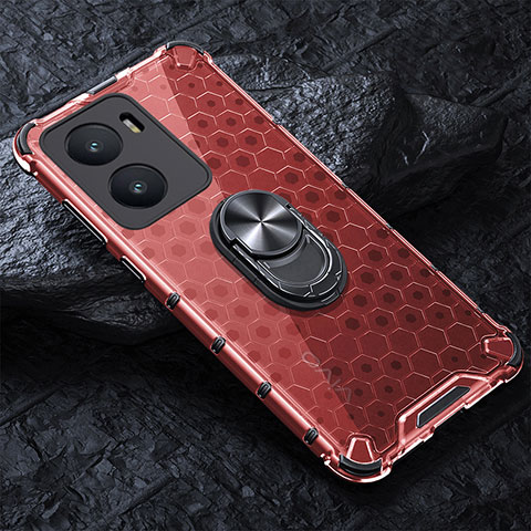 Funda Bumper Silicona Transparente Espejo 360 Grados con Magnetico Anillo de dedo Soporte AM1 para Vivo iQOO Z7x 5G Rojo