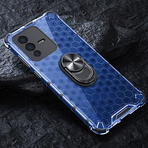 Funda Bumper Silicona Transparente Espejo 360 Grados con Magnetico Anillo de dedo Soporte AM1 para Vivo V23 Pro 5G Azul