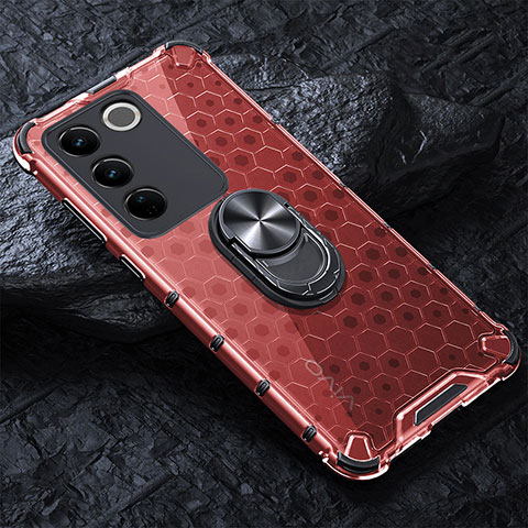 Funda Bumper Silicona Transparente Espejo 360 Grados con Magnetico Anillo de dedo Soporte AM1 para Vivo V27e 5G Rojo