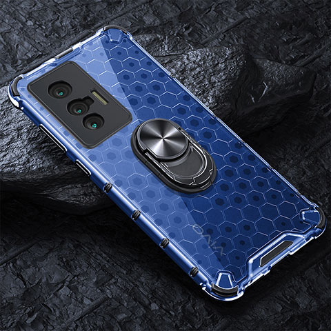 Funda Bumper Silicona Transparente Espejo 360 Grados con Magnetico Anillo de dedo Soporte AM1 para Vivo X70 5G Azul