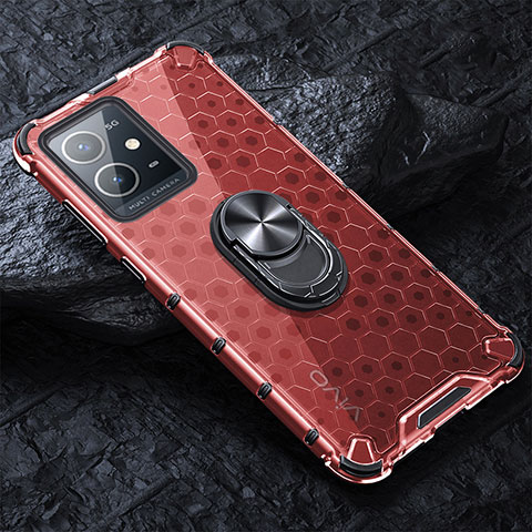 Funda Bumper Silicona Transparente Espejo 360 Grados con Magnetico Anillo de dedo Soporte AM1 para Vivo Y55 5G Rojo