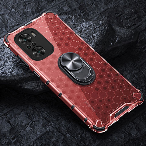 Funda Bumper Silicona Transparente Espejo 360 Grados con Magnetico Anillo de dedo Soporte AM1 para Xiaomi Redmi K40 5G Rojo