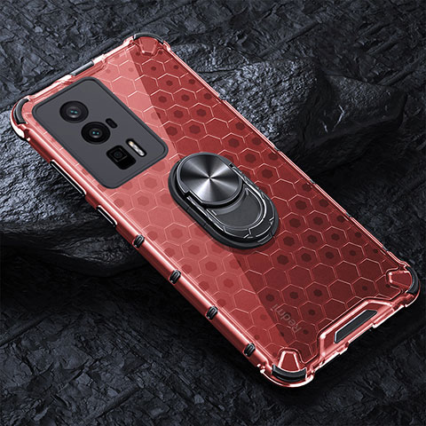 Funda Bumper Silicona Transparente Espejo 360 Grados con Magnetico Anillo de dedo Soporte AM1 para Xiaomi Redmi K60 5G Rojo