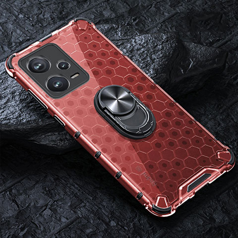 Funda Bumper Silicona Transparente Espejo 360 Grados con Magnetico Anillo de dedo Soporte AM1 para Xiaomi Redmi Note 12 Pro 5G Rojo