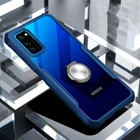 Funda Bumper Silicona Transparente Espejo 360 Grados con Magnetico Anillo de dedo Soporte para Huawei Honor V30 5G Azul