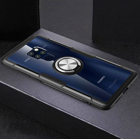 Funda Bumper Silicona Transparente Espejo 360 Grados con Magnetico Anillo de dedo Soporte para Huawei Mate 20 Plata y Negro