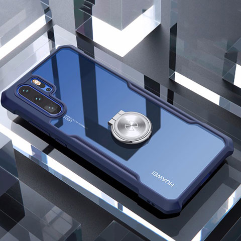 Funda Bumper Silicona Transparente Espejo 360 Grados con Magnetico Anillo de dedo Soporte para Huawei P30 Pro New Edition Azul
