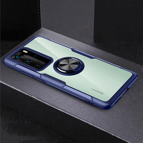 Funda Bumper Silicona Transparente Espejo 360 Grados con Magnetico Anillo de dedo Soporte para Huawei P40 Pro Azul