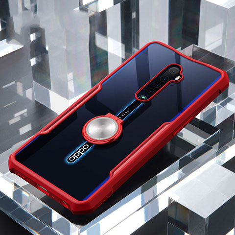 Funda Bumper Silicona Transparente Espejo 360 Grados con Magnetico Anillo de dedo Soporte para Oppo Reno2 Rojo