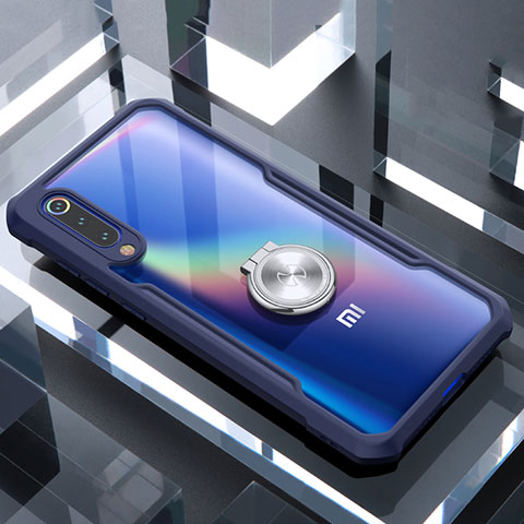 Funda Bumper Silicona Transparente Espejo 360 Grados con Magnetico Anillo de dedo Soporte para Xiaomi Mi 9 Lite Azul