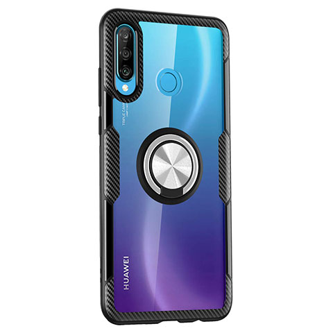 Funda Bumper Silicona Transparente Espejo 360 Grados con Magnetico Anillo de dedo Soporte Z01 para Huawei Nova 4e Negro