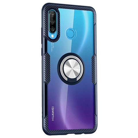 Funda Bumper Silicona Transparente Espejo 360 Grados con Magnetico Anillo de dedo Soporte Z01 para Huawei P30 Lite XL Azul