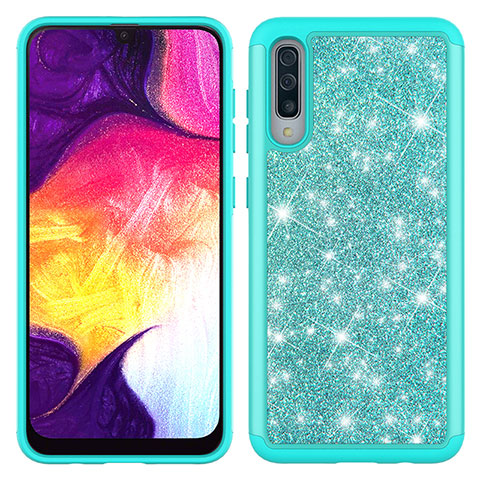 Funda Bumper Silicona y Plastico Carcasa Frontal y Trasera 360 Grados Bling-Bling JX1 para Samsung Galaxy A50 Cian