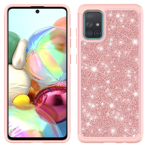 Funda Bumper Silicona y Plastico Carcasa Frontal y Trasera 360 Grados Bling-Bling JX1 para Samsung Galaxy A71 5G Oro Rosa