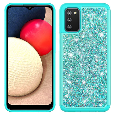 Funda Bumper Silicona y Plastico Carcasa Frontal y Trasera 360 Grados Bling-Bling JX1 para Samsung Galaxy F02S SM-E025F Cian