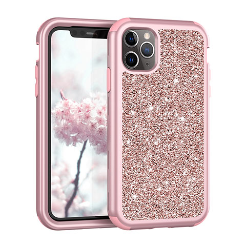 Funda Bumper Silicona y Plastico Carcasa Frontal y Trasera 360 Grados Bling-Bling para Apple iPhone 11 Pro Max Oro Rosa