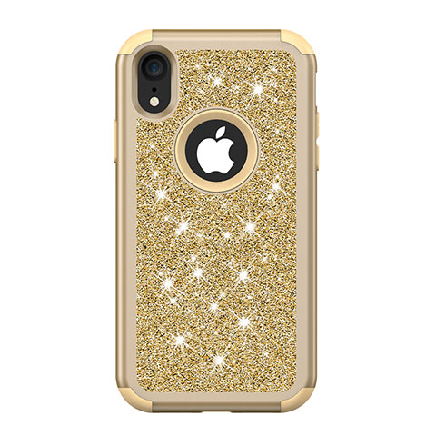 Funda Bumper Silicona y Plastico Carcasa Frontal y Trasera 360 Grados Bling-Bling para Apple iPhone XR Oro